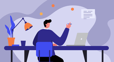Professional illustration of a man engaged in work, writing, or planning at his desk with a laptop. Perfect for business, education, and freelance themes.