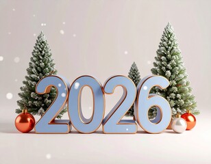 Trójwymiarowy, niebieski napis 2026. W tle choinki i bombki © Monika