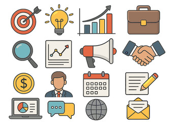 Various business and marketing icons vector set, clean layout of success tools, communication symbols, growth chart, office briefcase, handshake, calendar, and global network illustration