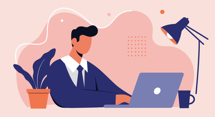 Professional businessman working on a laptop at his desk, highlighting remote work, productivity, and online education. Ideal for business, technology, and lifestyle concepts.
