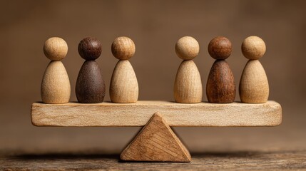 A collection of wooden figurines sits on a seesaw, showcasing different colors and sizes. This balance represents diversity and equality among individuals, conveying important social themes
