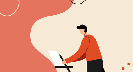 An illustrated person works diligently on a laptop or document, representing productivity, remote work, or creative tasks in a modern, abstract setting. Ideal for business and lifestyle concepts.