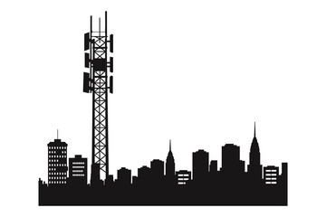 Obraz premium Communication tower and antenna Silhouette with urban city skyline, Mobile network, and signal tower vector illustration