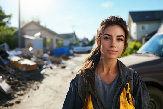 Young woman in work attire stands confidently in a neighborhood clean-up setting