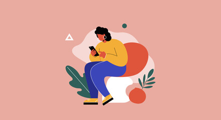 Naklejka premium Flat design illustration of a woman using her smartphone, depicting digital communication, social media, or online content consumption in a modern, casual setting.