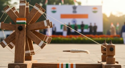 A charkha, a spinning wheel, with the Indian flag in the background.
