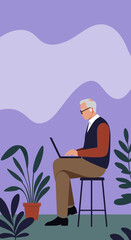 Elderly man with glasses and earbud focused on laptop, working or learning in a modern, plant-filled home environment. Represents senior digital literacy and remote work.