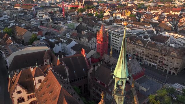 Basel Town Hall or Rotes Rathaus in Basel City Center, Switzerland on Summer Morning. Sunrise Light in Altstadt, Aerial.