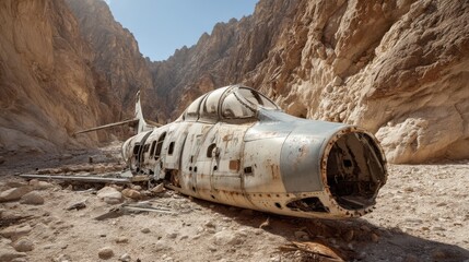 A weathered helicopter lies abandoned in a dry canyon, surrounded by towering rocky cliffs under a clear blue sky, highlighting the contrast of nature and decay
