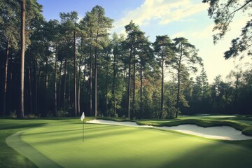 Obraz premium Expansive green golf course nestled among tall trees under a clear sky