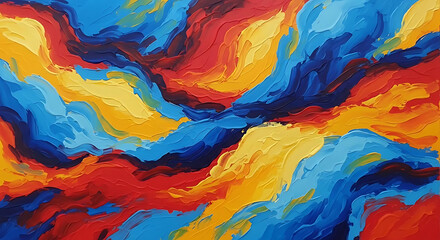 Abstract painting featuring bold brushstrokes of red yellow and blue creating a dynamic composition