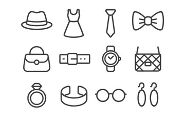 Fashion accessories line icon set. Clothes and jewelry outline collection. Vector illustration of hat, dress, tie, bowtie, bag, belt, watch, ring, glasses and earrings.