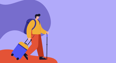 Fototapeta premium A flat illustration depicting a man traveling with a backpack, rolling luggage, and a walking stick, ready for adventure. Ideal for travel, tourism, or exploration concepts.