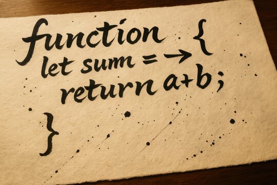 Elegant handwritten javascript code on parchment emphasizing the beauty of programming logic