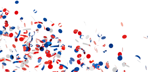 Celebrate with this festive image of red, white, and blue confetti falling on a white background. Perfect for patriotic holidays.