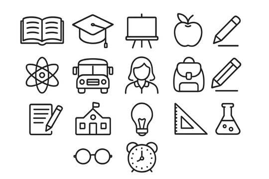 Education and school outline icon set. Learning, classroom, study, supplies collection. Vector icons for university, knowledge, science, student life. Back to school symbols.