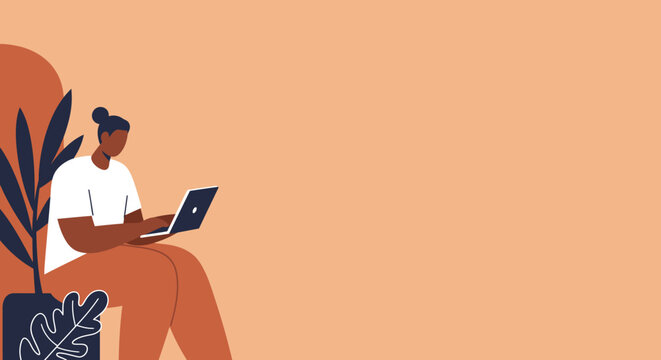 Person working remotely on a laptop in a comfortable, modern setting, ideal for concepts of freelancing, online education, or digital lifestyle.