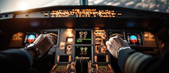 Pilot Hands on Controls in Modern Aircraft Cockpit Dashboard