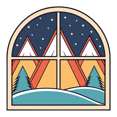 Charming stylized winter mountain landscape illustration seen through an arched window vector graphic white background
