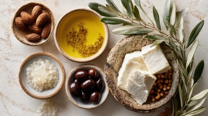 Fototapeta premium Assorted fresh ingredients including olives, cheese, almonds, olive oil, and sea salt are artfully arranged on a textured surface, suggesting a Mediterranean culinary theme