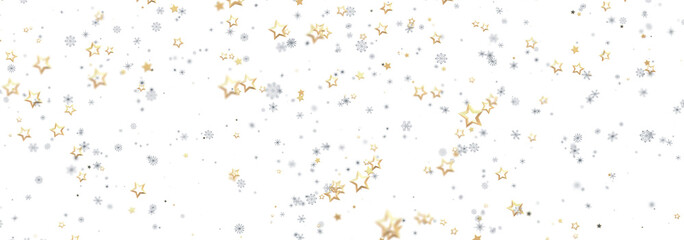 Festive background with gold and silver stars and snowflakes. Perfect for holidays.