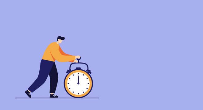 A man pushes a large alarm clock, symbolizing time management, deadlines, and the urgency of tasks in a business or daily life context.