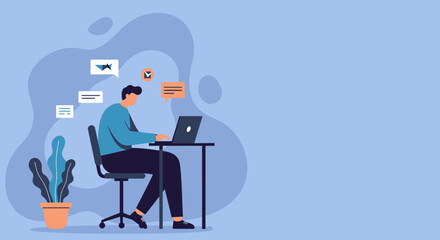 Man working on laptop at desk, surrounded by communication and task icons. Represents remote work, online productivity, and digital lifestyle.