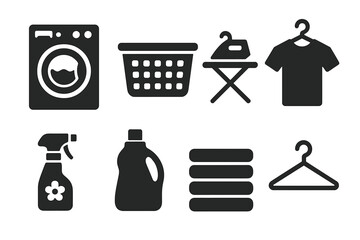 Laundry icon set with essential cleaning symbols. Vector silhouettes of washing machine, basket, iron, detergent. Minimalist glyphs for home organization and house chores.