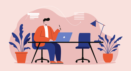 A man works diligently on his laptop at a modern home office desk, surrounded by plants and professional tools, symbolizing productivity and remote work.