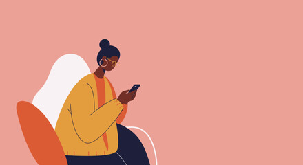 Young woman focused on her smartphone, engaging with digital content. Ideal for concepts of communication, technology, social media, and online lifestyle.