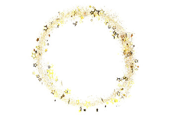Sparkling gold stars and glitter create a festive circular frame, perfect for celebratory designs, invitations, or backgrounds. Add your text!
