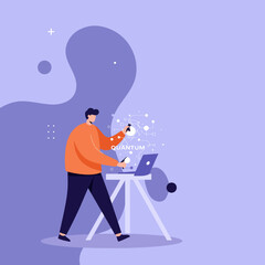 A focused man interacts with quantum technology, using a laptop and smartphone to visualize complex data. Represents innovation, future computing, and advanced scientific research.