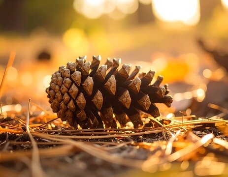 Pine cone on forest floor bathed in sunlight