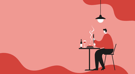An illustration of a man enjoying a solo meal with steaming food and wine at a restaurant. Ideal for dining, hospitality, or lifestyle concepts.