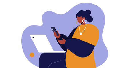 Modern woman using a smartphone and laptop simultaneously, showcasing digital connectivity, remote work, and multitasking in a minimalist setting.