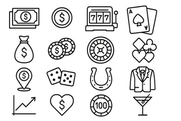 Finance and casino outline icon set. Money and gambling symbols line collection. Vector pack with poker, roulette, slots, and betting icons for jackpot & wealth concepts.