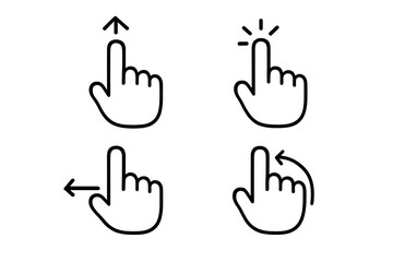 Gesture linear icon set for touch screen interface. Hand finger actions like swipe up, left, tap, click, and rotate. UI UX design elements for mobile app and web guide.
