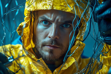 Man in yellow protective suit stares with intense blue eyes. Serious expression through tangled metallic wires, lit by blue light.