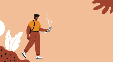 A young person with a backpack walks while actively using a laptop, symbolizing remote work, digital nomadism, and modern productivity. Ideal for business, technology, or lifestyle concepts.