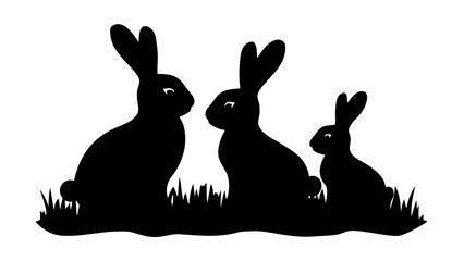 Three rabbits sitting together in a grassy field in black silhouette against a white background image