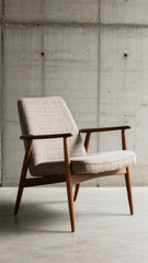 Mid-century armchair with gray cushion and wooden frame in concrete space