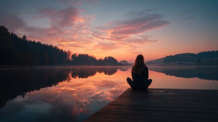Woman Sitting on Wooden Dock Gazing Across Scenic Lake at Vibrant Sunset, Serene Landscape with Reflections, Relaxation Concept for Wellness, Travel Adventure, and Nature Photography