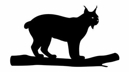 Silhouette of a lynx standing on a log with pointed ears and a short tail in a black and white image