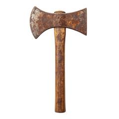 Transparent double headed axe with rustic metal and wooden handle on background showing vintage style and aged material