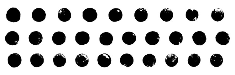 nk leak effect circles. Vector distorted round shape stains. Black color circle collection. Grungy polka dot pattern with tiny small messy round rubber stamps. Emblem, punk style logo graphic elements