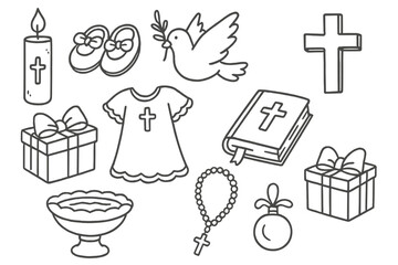 Christening and baptism line art icons. Doodle vector set of religious symbols for a baby. Christian faith elements: cross, dove, bible, rosary. Dedication outline illustration.