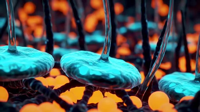 Vibrant Microscopic World with Blue Bulbous Structures Black Filamentous Strands and Orange Spheres Animated Close Up View for Science Education and Abstract Background Usage 198 Characters