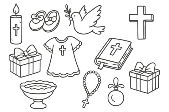 Christening and baptism line art icons. Doodle vector set of religious symbols for a baby. Christian faith elements: cross, dove, bible, rosary. Dedication outline illustration.