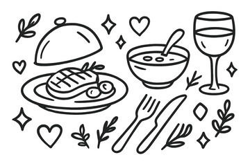 Hand drawn dinner elements for restaurant menu design. Vector food illustration set with steak, soup, wine glass and cutlery. Outline doodle icons for fine dining concept.