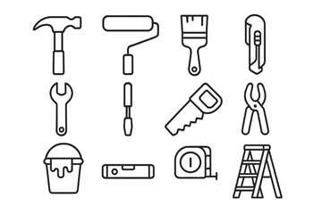 Fototapeta premium Home improvement tools icon set. Line art symbols for renovation, repair, construction, painting, and DIY. Vector essentials: hammer, saw, roller, brush, wrench, ladder.